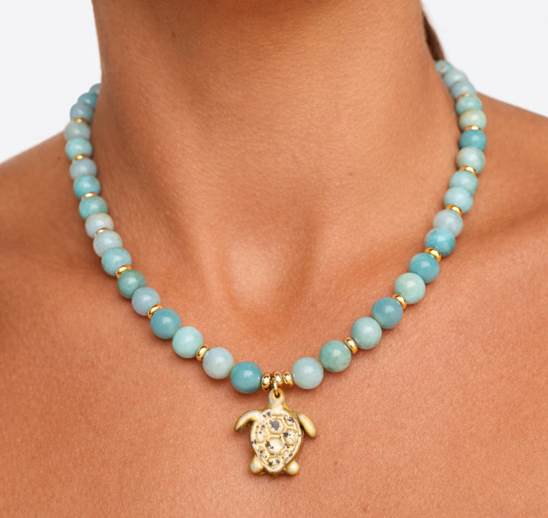 PRE ORDER 10 Available - Amazonite Natural Gemstone Necklace - Turtle Charm